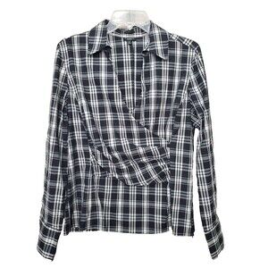 Talbots Stretch Cotton Blend Plaid Faux Wrap Long Sleeve Side-Zip Blouse Size 12